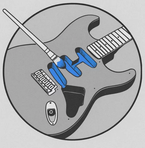 Illustration d'une guitare électrique de type Stratocaster&nbsp;: un pinceau applique une peinture conductrice bleue sur les cavités internes des micros et des potentiomètres. L'image met en évidence la protection contre les interférences électromagnétiques grâce à cette peinture.