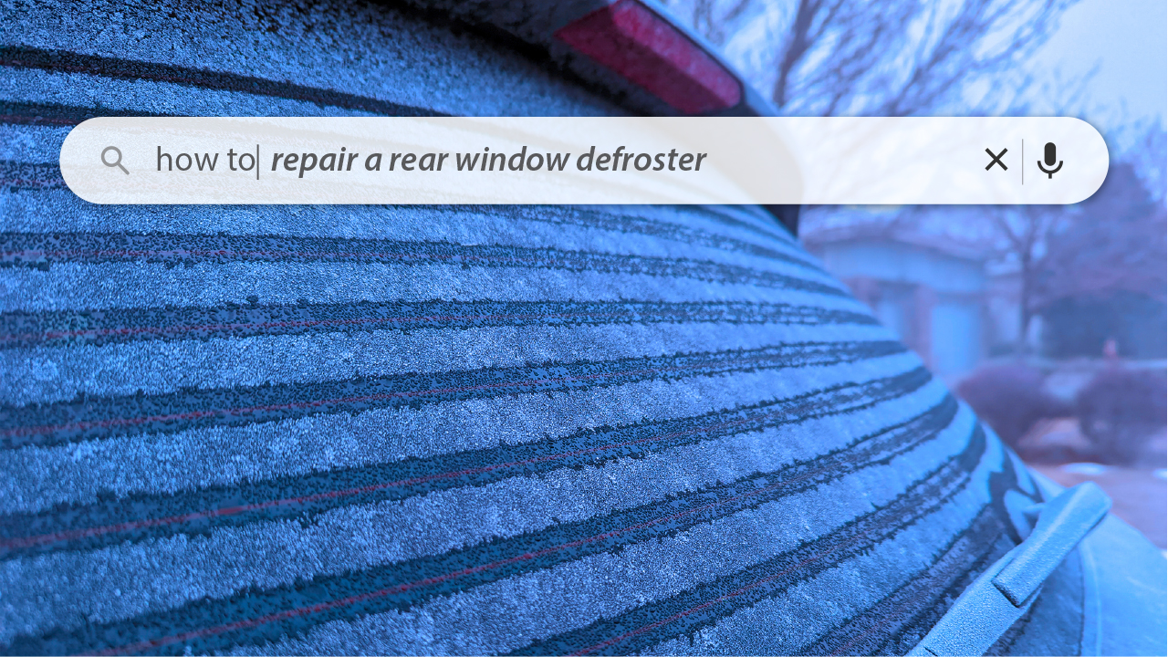 A frosted car rear window with visible defroster grid lines and a search bar graphic overlay reading “how to repair a rear window defroster.” The image visually introduces a guide on rear defroster repair, showing the common cold-weather issue the tutorial aims to fix.