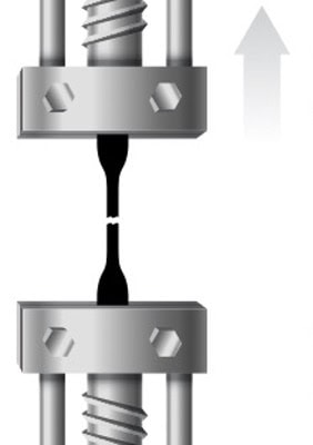 Illustration of a tensile strength test setup for an electronic adhesive sample. The image shows two metal grips pulling a narrow adhesive specimen vertically until it breaks at the center. The upper grip moves upward to apply tension, demonstrating how the tensile strength of the electronic adhesive is measured.
