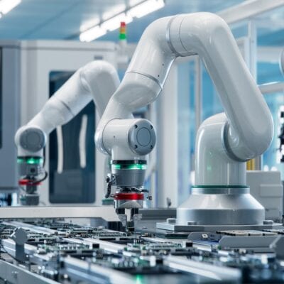 Automated robotic arms assembling electronic components on a production line inside a modern manufacturing facility, representing high-precision automated processes that commonly use UV adhesive.