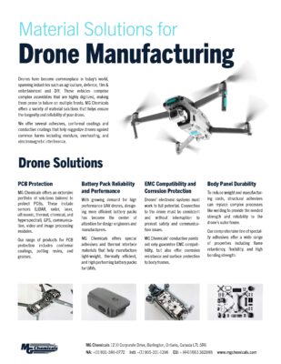 A marketing page titled &ldquo;Material Solutions for Drone Manufacturing&rdquo; showcasing MG Chemicals&rsquo; UAV coatings and material solutions. The page features a flying drone image and four sections describing PCB protection, battery pack performance, EMC compatibility and corrosion protection, and body panel durability, along with related product images and company contact information.