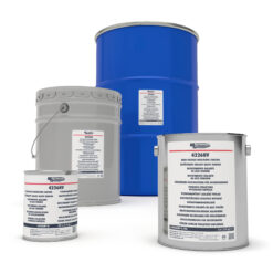 Multiple containers of MG Chemicals 4226HV high voltage insulating varnish in various sizes, including metal cans and large drums, shown on a white background; product commonly used for electrical insulation and protection of bus bar systems.