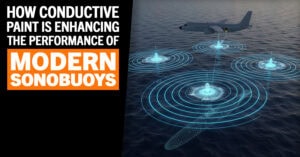 Promotional graphic reading &ldquo;How Conductive Paint Is Enhancing the Performance of Modern Sonobuoys&rdquo; beside an illustration of an aircraft deploying Sonobuoy devices over the ocean, with glowing sonar rings and a submerged submarine, highlighting EMI reduction and electromagnetic shielding technology.