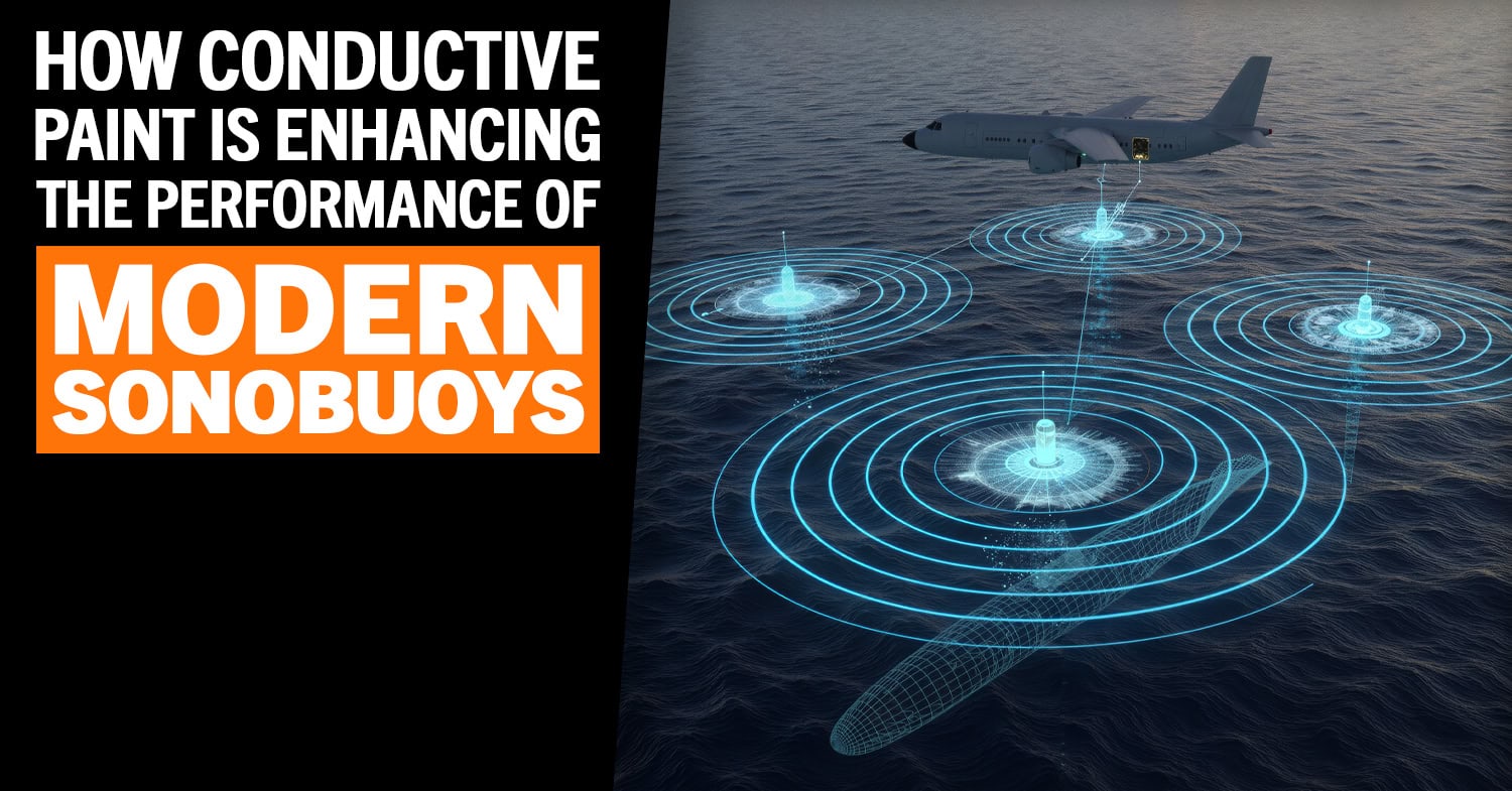 Promotional graphic reading &ldquo;How Conductive Paint Is Enhancing the Performance of Modern Sonobuoys&rdquo; beside an illustration of an aircraft deploying Sonobuoy devices over the ocean, with glowing sonar rings and a submerged submarine, highlighting EMI reduction and electromagnetic shielding technology.