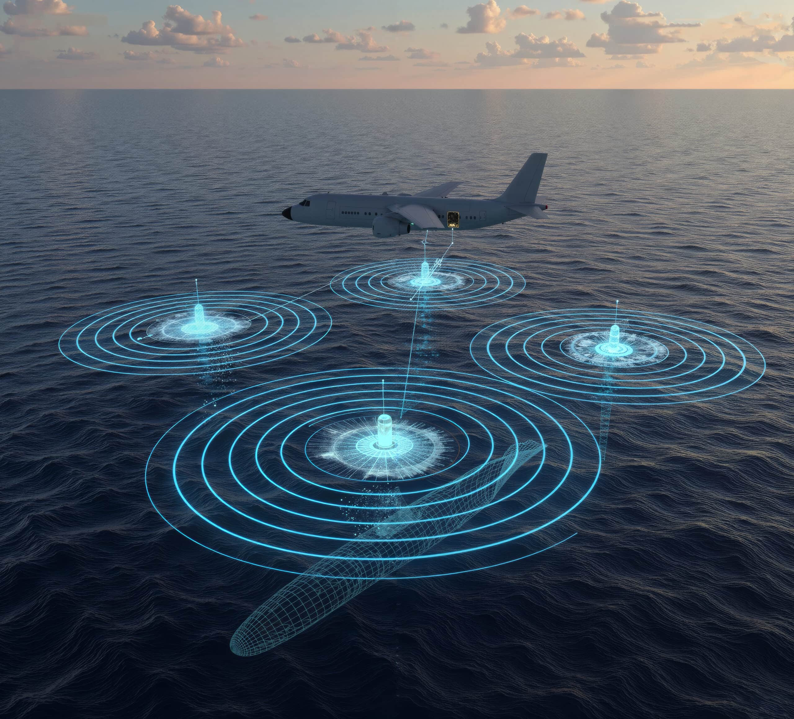 Military aircraft deploying a network of glowing Sonobuoy devices over the ocean at sunset, illustrating underwater detection with concentric signal waves.