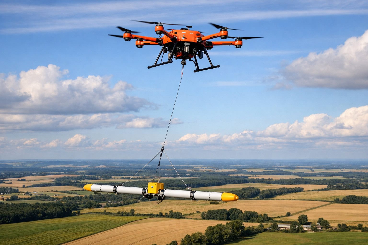 Drone towing gradiometer sensor over farmland for aerial surveying, illustrating use of 832HD potting compound to protect and encapsulate sensitive magnetometer electronics.