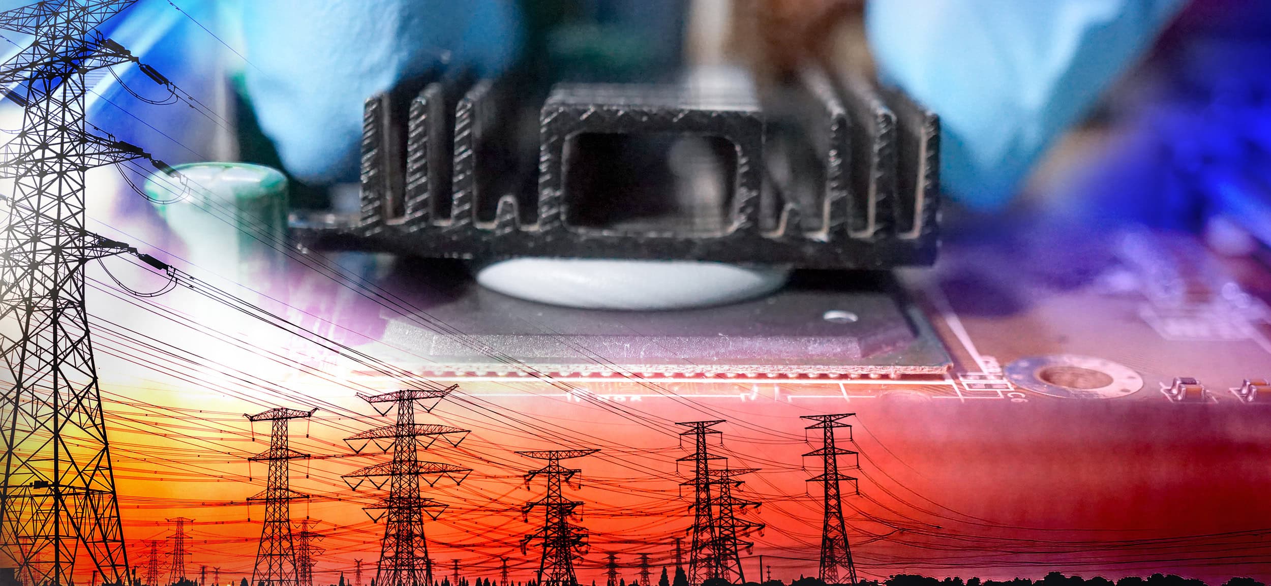 Close-up of a thermal paste applied between a heatsink and a microchip on a circuit board, overlaid with power transmission lines to represent thermal management in power grid electronics.