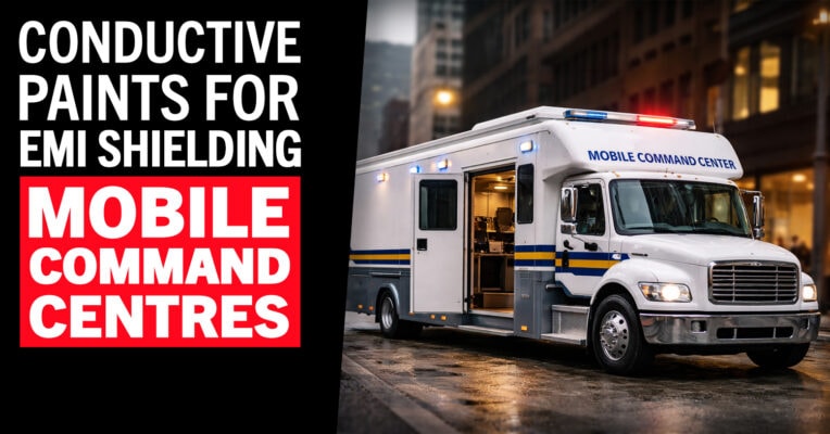Banner graphic showing a mobile command center truck parked on a city street beside the headline &ldquo;Conductive Paints for EMI Shielding Mobile Command Centres,&rdquo; illustrating how conductive coatings can shield sensitive electronics in mobile command vehicles from electromagnetic interference.