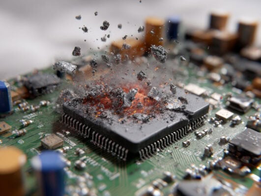 A close-up macro image of a catastrophic semiconductor failure on a PCB. The central IC package appears to be violently rupturing, with glowing embers, metallic debris, and ash-like fragments suspended mid-air above the chip. The surrounding printed circuit board includes visible traces, SMD components, and capacitors blurred by shallow depth of field. The scene conveys thermal runaway or dendrite-induced short-circuit damage with cinematic lighting and high-detail particle effects.